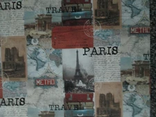 VINTAGE PARIS EIFFEL TOWER MAP SCRIBE GLOBE COLORS COTTON FABRIC FQ 