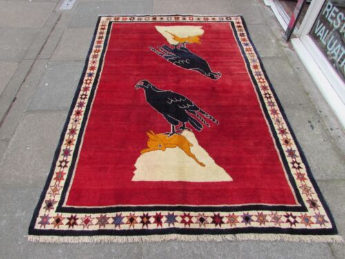 Vintage traditioneller handgefertigter orientalischer Gabbe Wolle roter Teppich 226x152 Tier Adler - Bild 1 von 11
