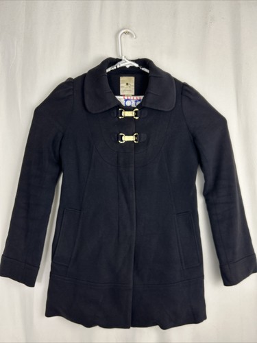 anthropologie elevenses navy size 6 double clasp hidden button cotton wool blend