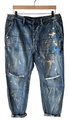 Man X One Teaspoon 32R Mr Browns Blue Suede Paint Splatter Distressed Jeans -New