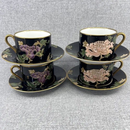 fitz and floyd "cloisonne peony" cup and saucers 1979 vintage 7 1/2" set of 4