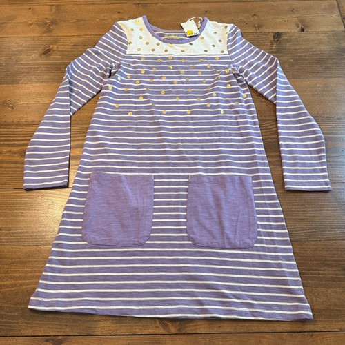 Mini Boden Kids Fun Pocket Jersey Dress Purple Stripe Polka Dot Size 11-12 Shift