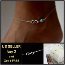 Infinity Love Symbol Blue Beads Boho Silver Anklet Ankle Bracelet Foot Chain