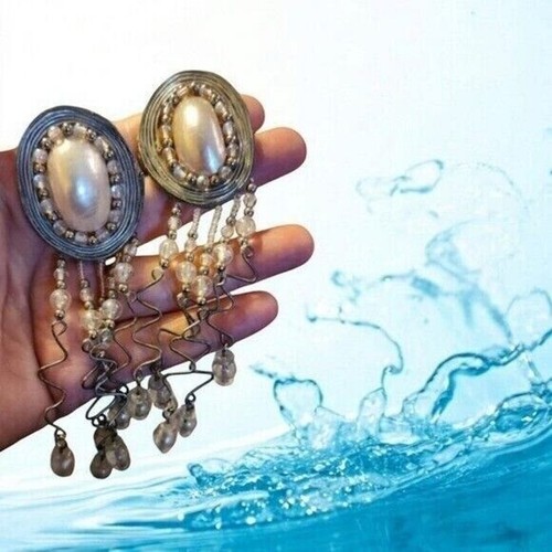 Orecchini Clip-On Vintage Anni 70 Eccezionali Rari Tono Argento Perla Nappa - Unici - Foto 8 di 14