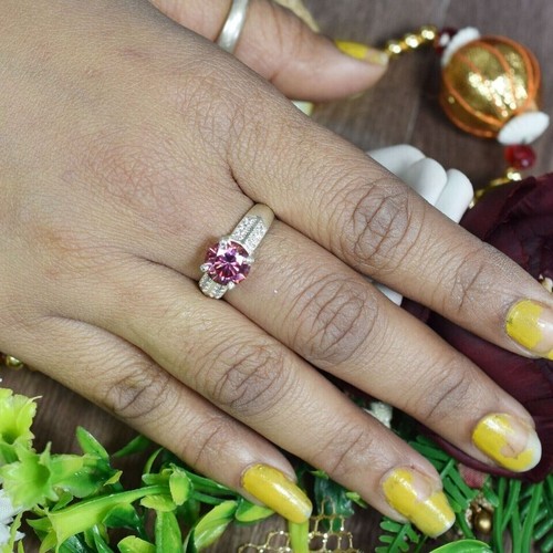 3.10 Ct Certified Pink Treated Diamond Solitaire Ring, 925 Silver Amazing Luster - Picture 3 of 8