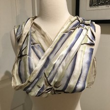Silk Scarf 10  x50  Oblong Blue Green Cream Floral Watercolor Brushstroke Vintage