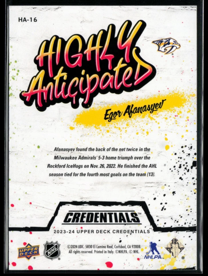 2023-24 Upper Deck Credentials Highly Anticipated #HA-16 Egor Afanasyev RC - Image 2 of 2