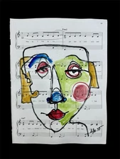 Melody of Faces – Abstract Portrait on Vintage Sheet Music by Lisa 9x12in Signed