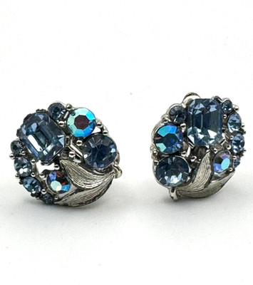 Vintage Lisner Earrings Blue Aurora Borealis AB Rhinestone Leaf Clip On