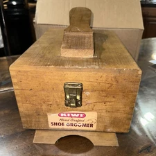 Vintage Kiwi Wooden Shoe Shine Box w/ Foot Rest & Accessories Kit Tins Oil Etc