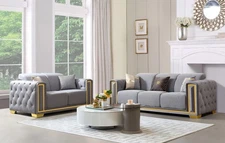 Luxury 2pc Sofa Set Living Room Sofa Loveseat Gray with Gold Trim Button-Tufted