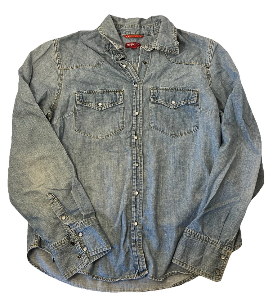 Merona Blue Denim Shirt Women's Medium Snap Closure 2 Pocket Cuffed Sleeves - Изображение 3 из 4