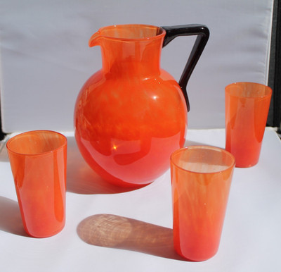 Antique French Art Deco Charles Schneider Orange Tango Glass Pitcher & 3 Tumbler