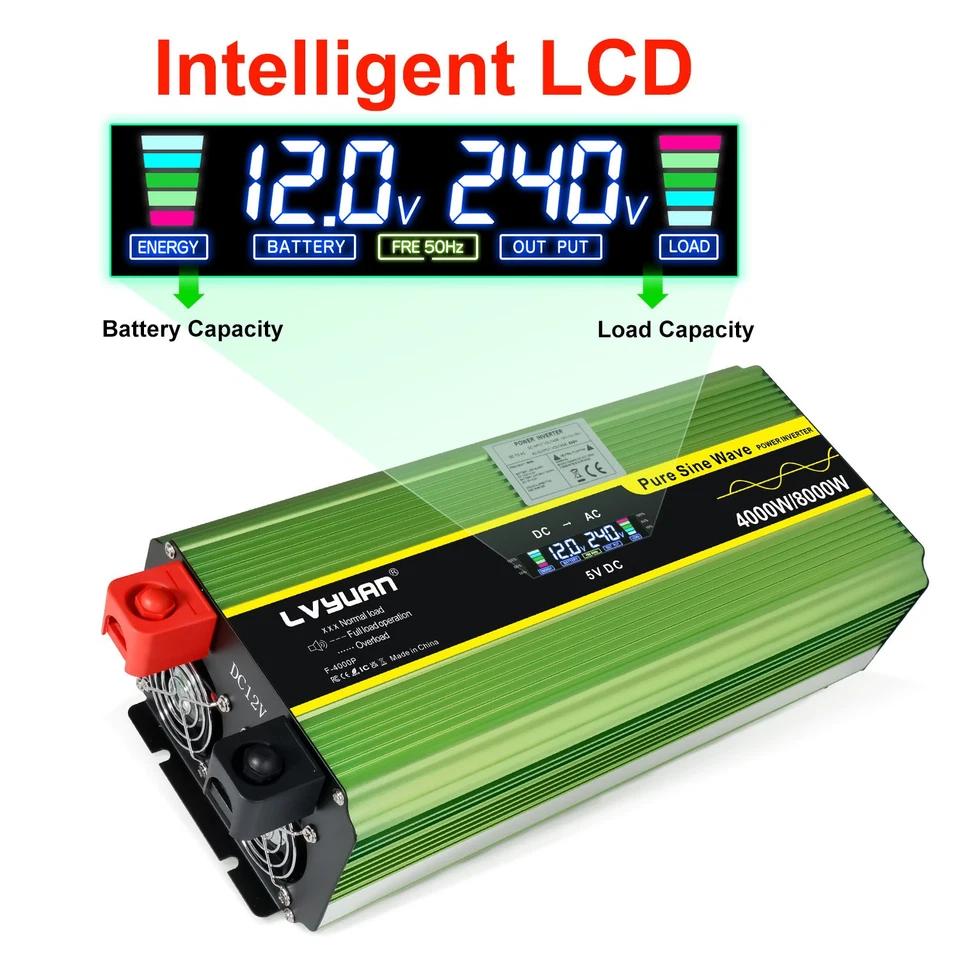 4000W 8000W Pure Sine Wave Power Inverter 12V to 240V 4USB 3AC LCD Car Converter - Image 2 of 4