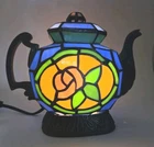 Vtg Tiffany Style Stained Glass Teapot Lamp Cheyenne Rose Blue Accent Light