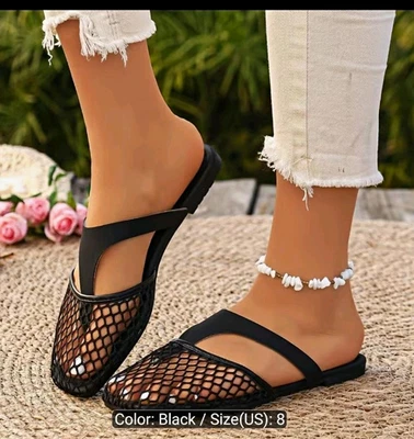 Women’s Black Slip-On Flat Sandals Mules Mesh Accents Faux Leather US 8 - Image 1 of 3