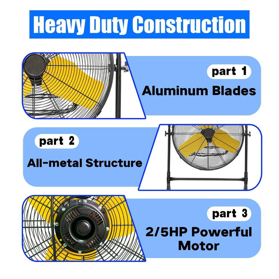 24-дюймовый промышленный вентилятор-стойка — 7800 куб. футов/мин высокопрочный высокоскоростной рулон, 120 В - Изображение 3 из 4
