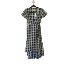 Urban Outfitters Women Plaid Ruffle Hi Low Dress Black Flutter Sleeve XS Preppy 