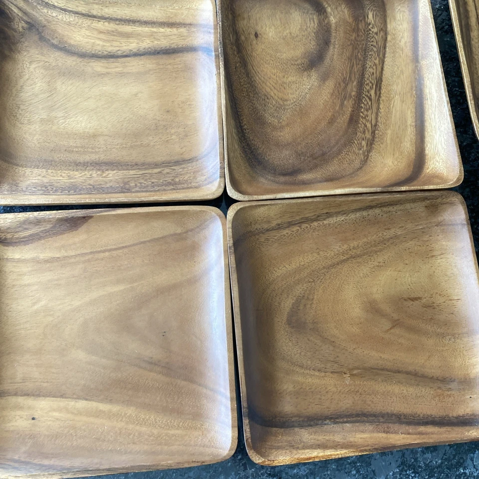 8 MCM Monkey Pod Wood 4 Square Dinner Plates 12” & 4 Lunch 10” Will Sell Separat - Image 2 of 4