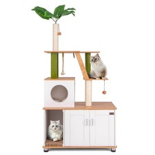 All-in-One Cat Tower W/ Litter Box Enclosure Cat Tree Scratching Posts Ladder