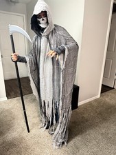 Adult Grim Reaper Costume Hooded Cloak with Scythe Skull Mask Gloves Halloween