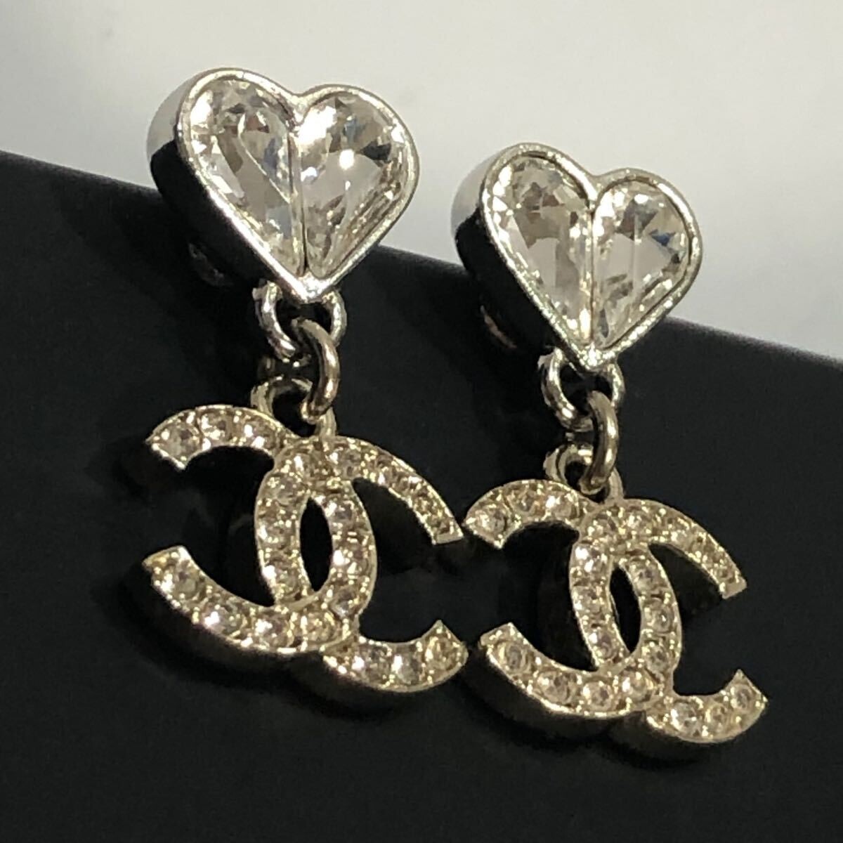 CHANEL CC Logos Rhinestone Heart Clip-On Earrings Gold Tone 