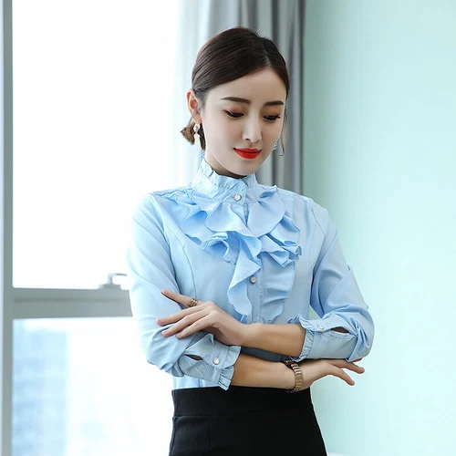 Camisa Blusa Top Oficina Dama Cuello Alto Volantes Manga Larga Calce Ajustado Formal - Imagen 13 de 23