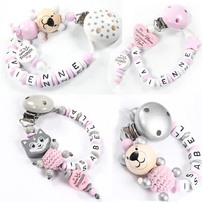 NELINO SCHNULLERKETTE MIT NAMEN Schnullerkette mit Namen für Mädchen rosa Prinzessin Baby♥Geburt♥Taufe♥Geschenk