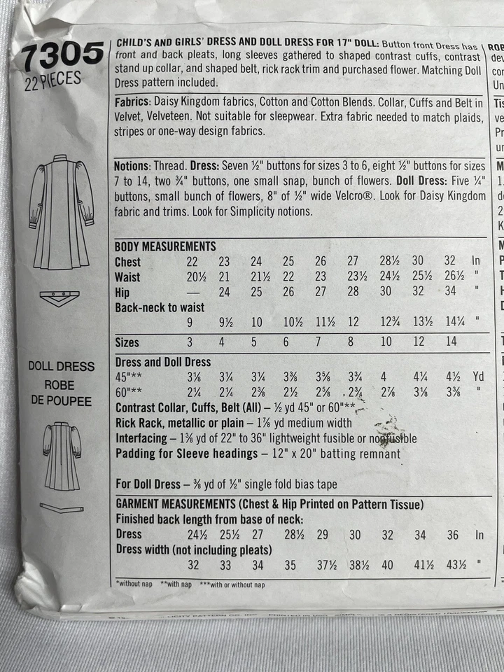 Daisy Kingdom Pattern 7305 Childs Dolls Matching Dress Size 7,8,10,12 Vintage - Image 4 of 4