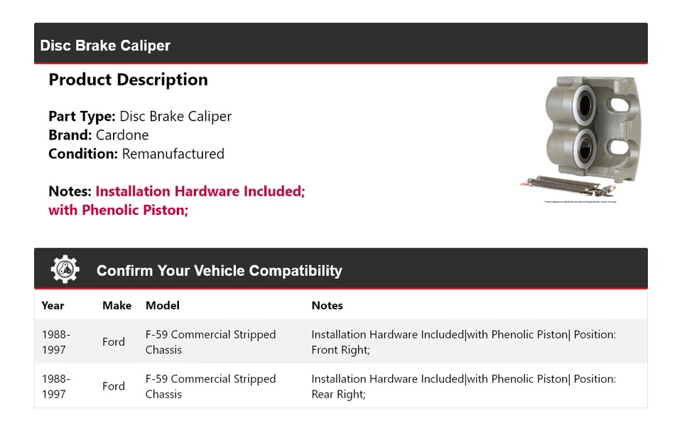 Pinza de freno de disco de chasis despojado comercial Ford F-59 1988-1997 Cardone Foto 2 de 4