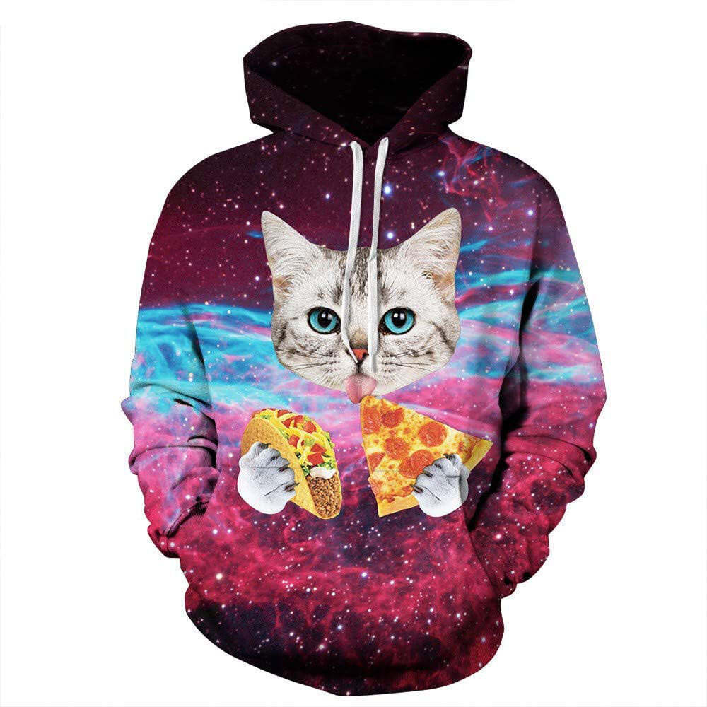 Printed Men's Sweatshirt Cat Eating Pizza Hoodie Men's Loose Hooded