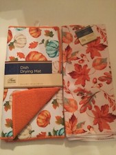 Spring foliage kitchen 2 pc dish drying mat towel leaves acorns pumpkins 12x18in