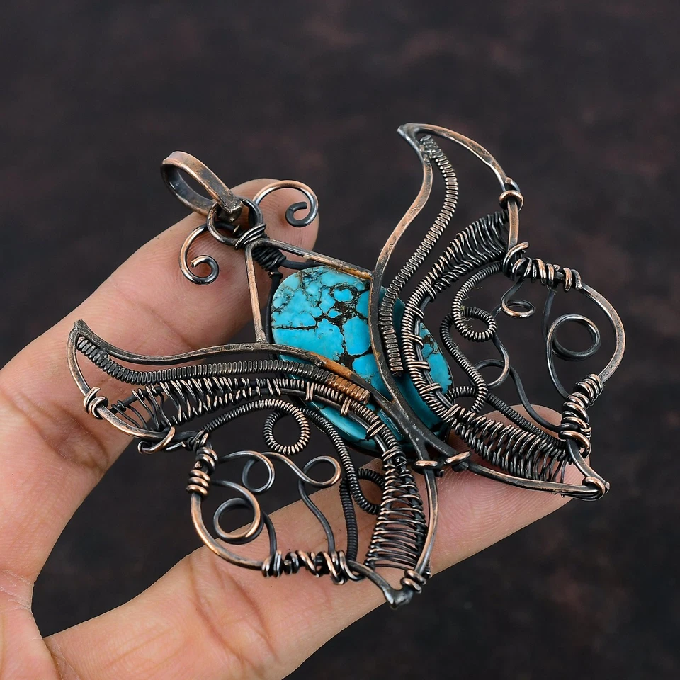 Copper Tibetan Turquoise Gemstone Wire Wrapped Butterfly Anniversary New Pendant - Image 4 of 4
