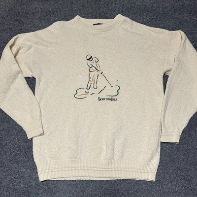 Vintage Scottish Isle Bernette Golf Sweater Mens XL Embroidered Cotton Cream
