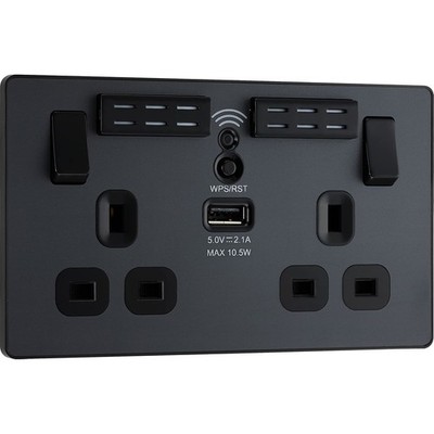 BG Evolve 2 Gang 13A Steckdose mit USB A+C & WLAN Extender Matt Grau