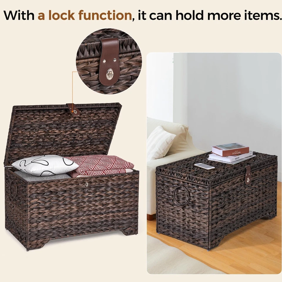 Handwoven Storage Basket with Lid, 165L Plastic Rattan Storage Bin, Leather B... - Image 2 of 4