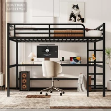 Black Metal Queen Size Loft Bed with Power Outlet and LED Light, Space-Saving