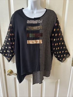 Sterling Styles Asymmetric Hem Rayon Mixed Fabric Vintage Top Lagenlook One Size