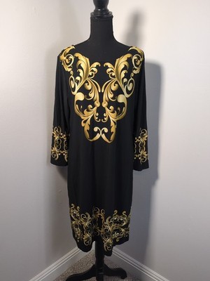 Haani Midi Shift Sheath Dress Long Sleeve Scoop Neck , Women's L, Black/  Gold | eBay