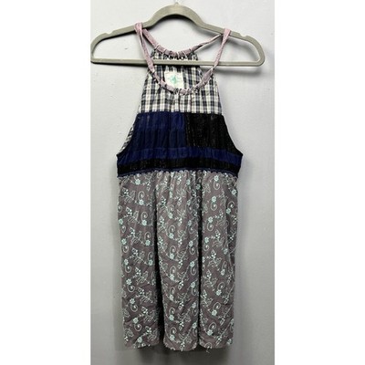 Free people Mini dress Womens medium Contrast Plaid Embroidered Mini Boho Blue