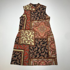 Sharagano Dress Womens 14W Paisley Boho Chic Sheath Tank Mock Neck Black Orange