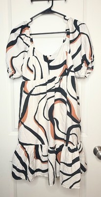 Nine West Puff Sleeve Midi Dress Small Abstract Print Square Neck Lined Boho