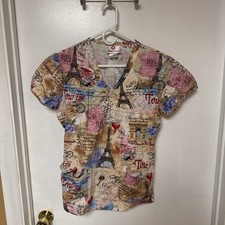 White Cross Scrub Top   Paris Eiffel Tower Print M   Used Good