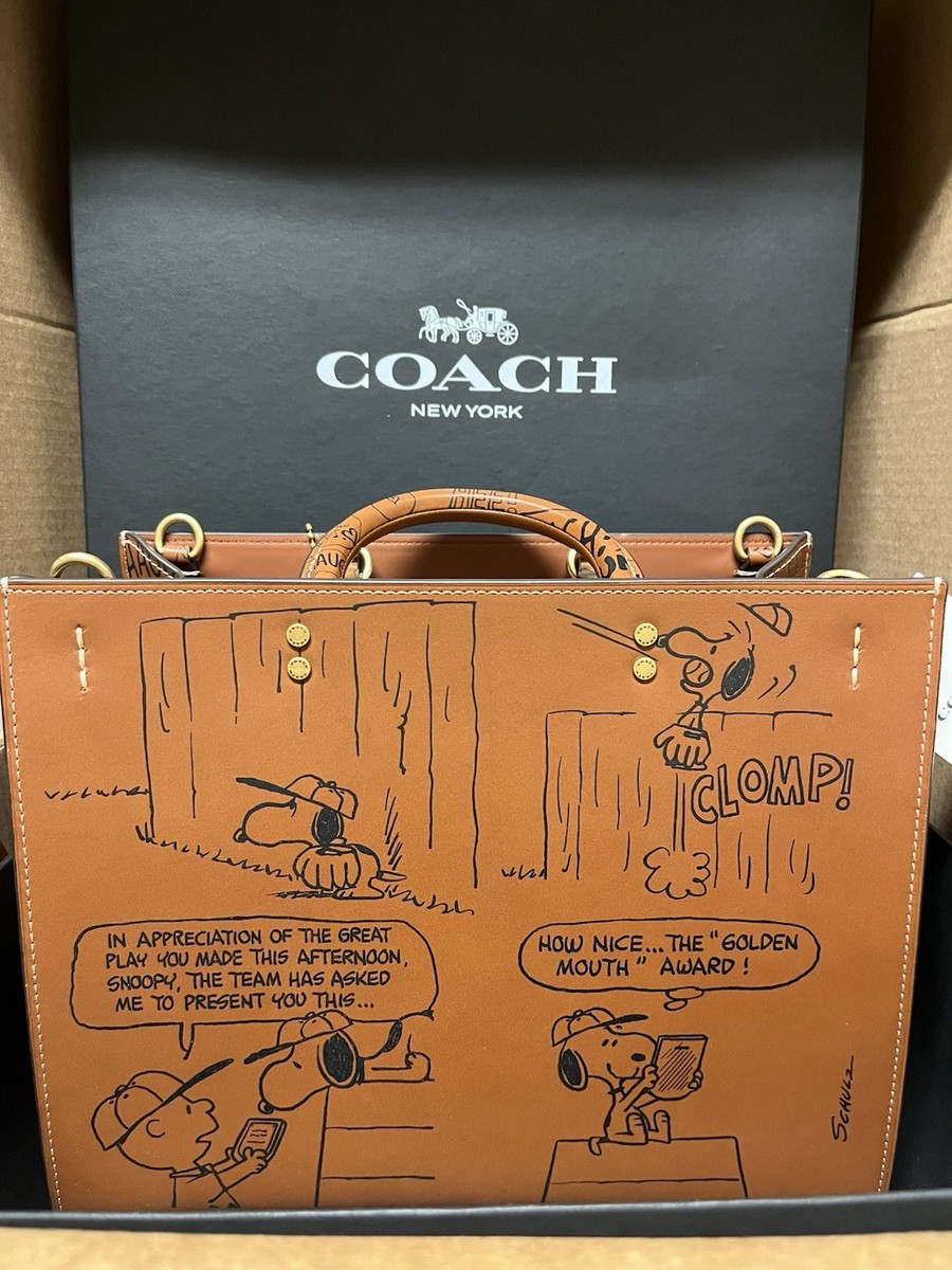 Coach X Peanuts Rogue Leather Bag Newspaper Print Comic Hazelnut