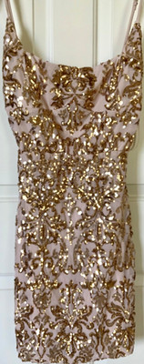 Windsor Lace Up Back Gold Sequin Mesh Party Mini Dress ''Getting the Vibe'' sz L