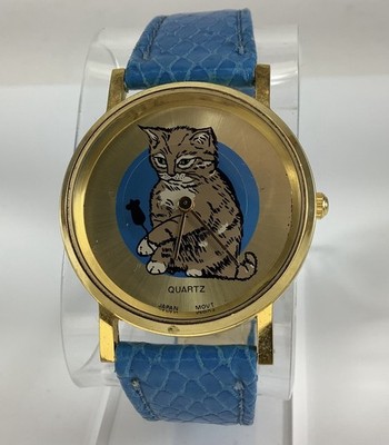 Vintage Turquoise Blue Working Grey Cat Kitten & Rotating Mouse Watch Rare Color