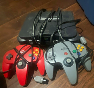 Nintendo 64 N64 Console Gray/Red w/ 2 Controllers, no AV Cables,