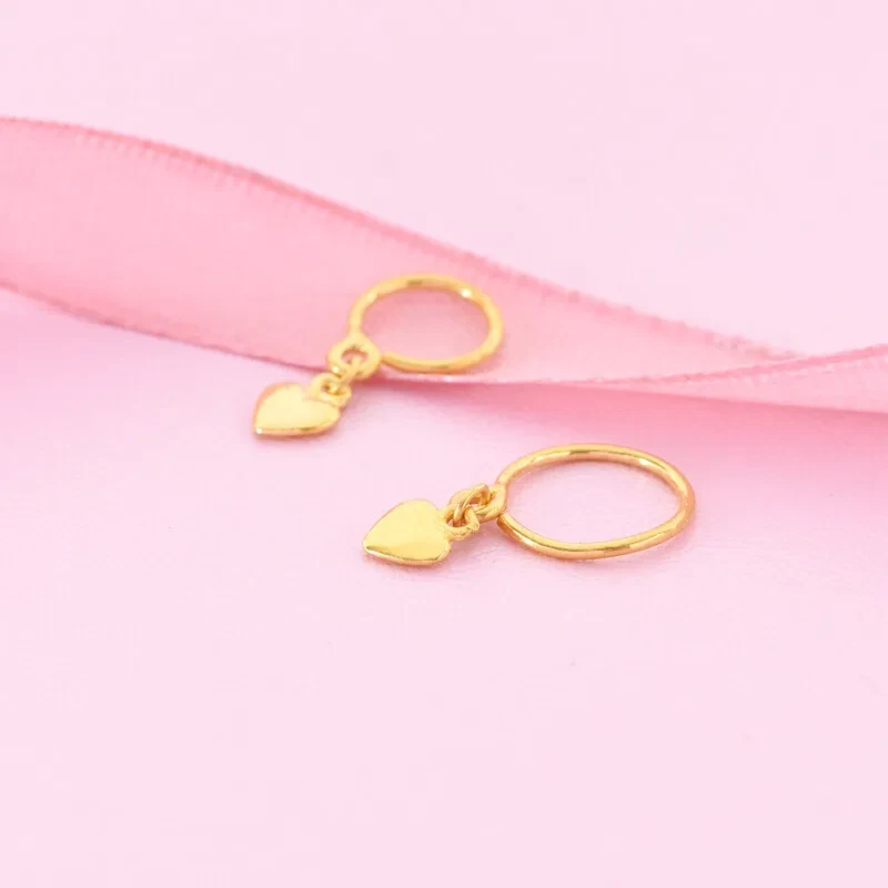 Pure 999 24K Yellow Gold Women Lucky Heart Circle Hoop Dangle Earrings 1.1-1.3g - Image 2 of 4