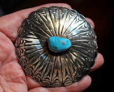 Large Old Pawn Old Navajo Hand Stamped Sterling Silver Turquoise Belt Buckle