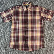 Cinch Mens Plaid Sz M Short Sleeve Button Down Shirt Burgundy Oversized Fit